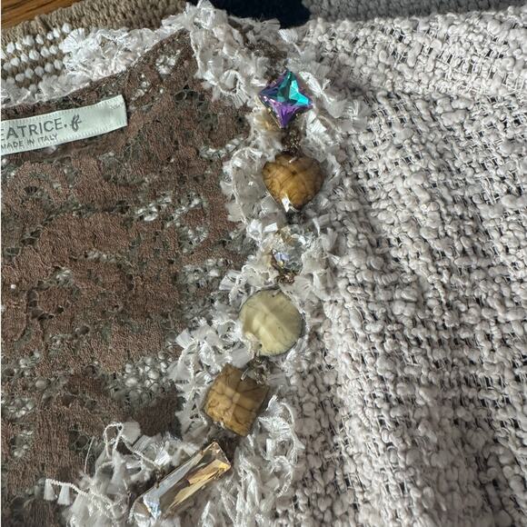 Beatrice Made in Italy Cardigan Women 8 Tweed Lace Bling Neck Coquette Ballet - Picture 4 of 8